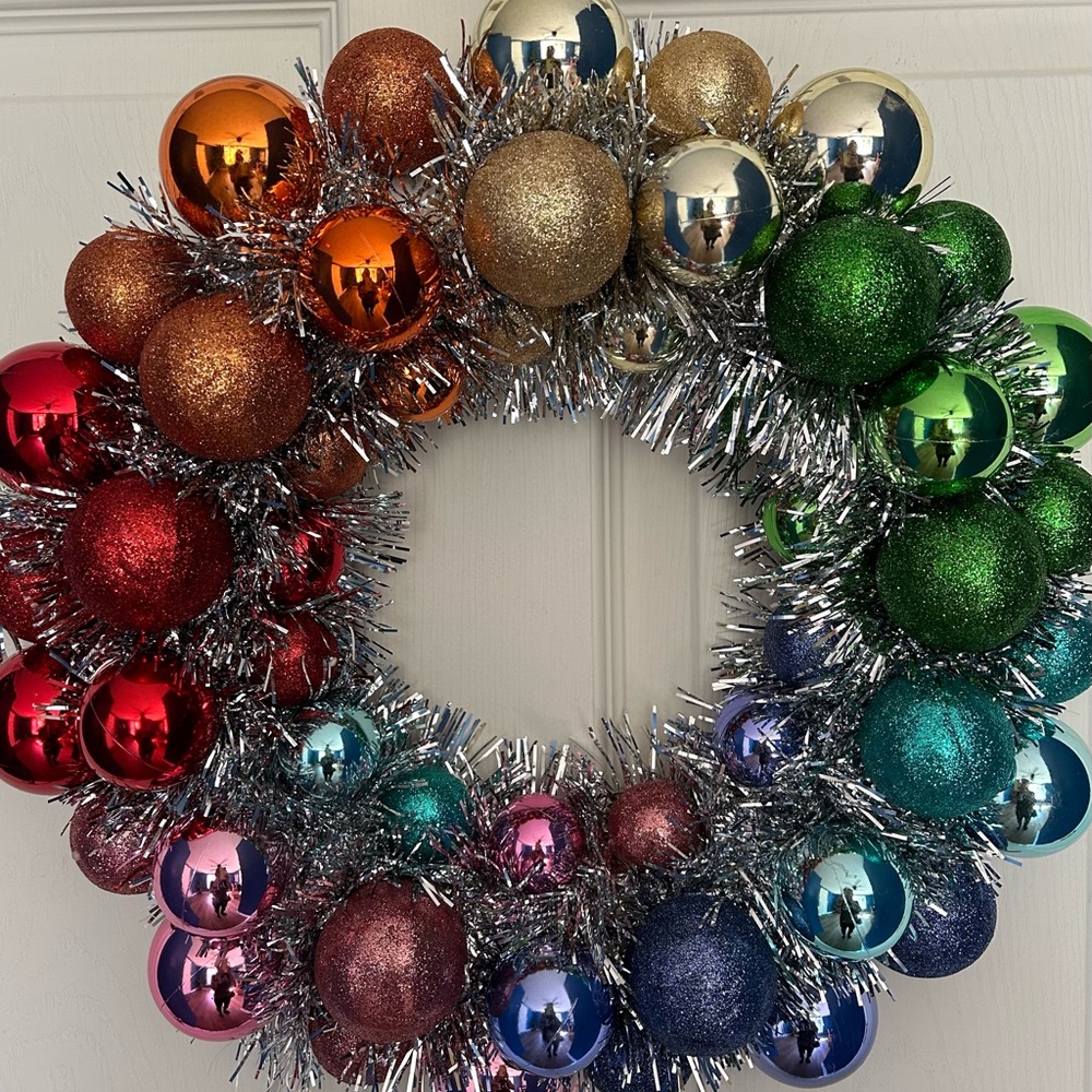 St. Nicholas Square Vibrant Holiday Wreath with Glitter Ornaments